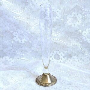 Duchin Creation Floral Etched Glass Weighted Sterling Silver Base Bud Vase 9.5"